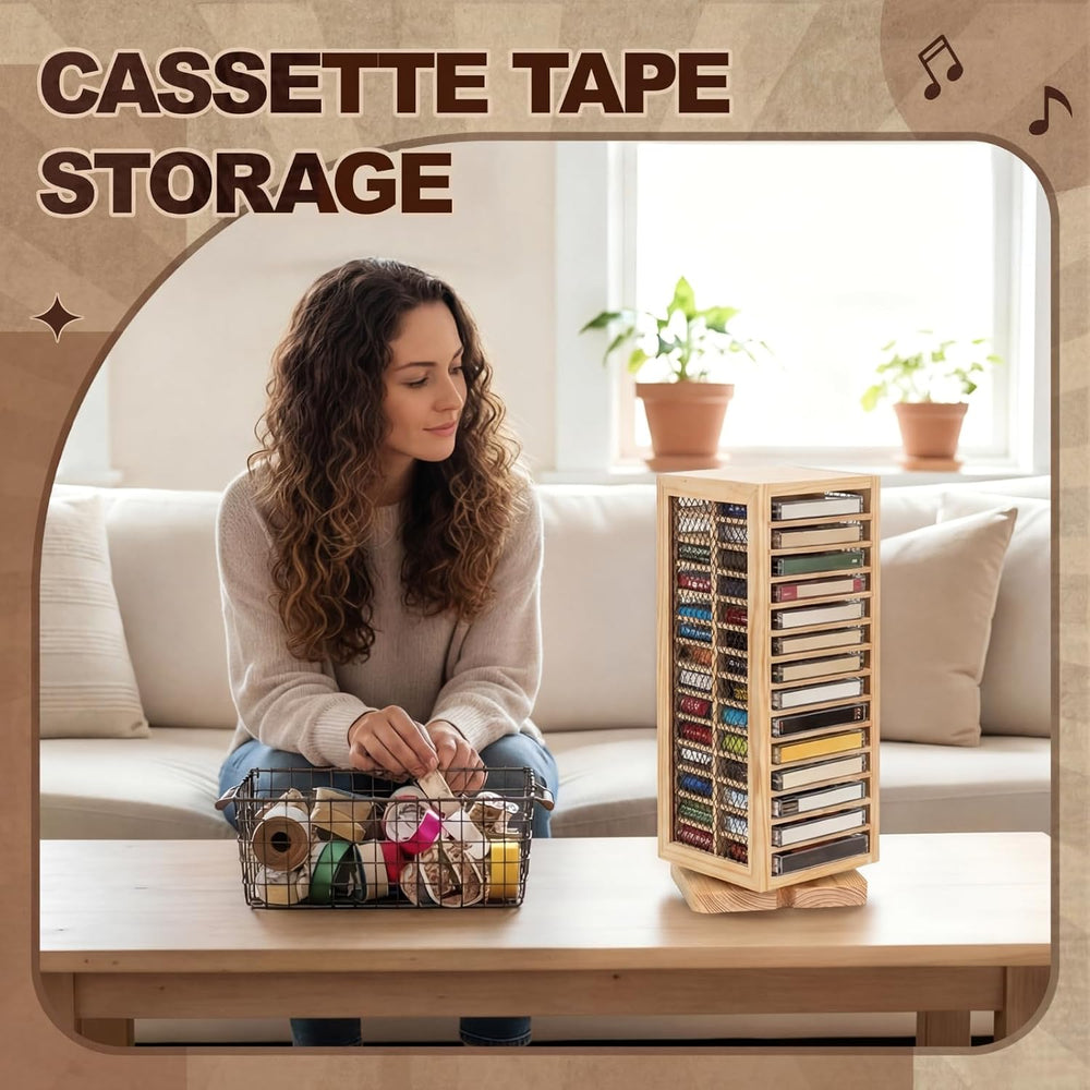 Ripeng Cassette Tape Holder, 28 Capacity 360° Rotating, Rustic Natural