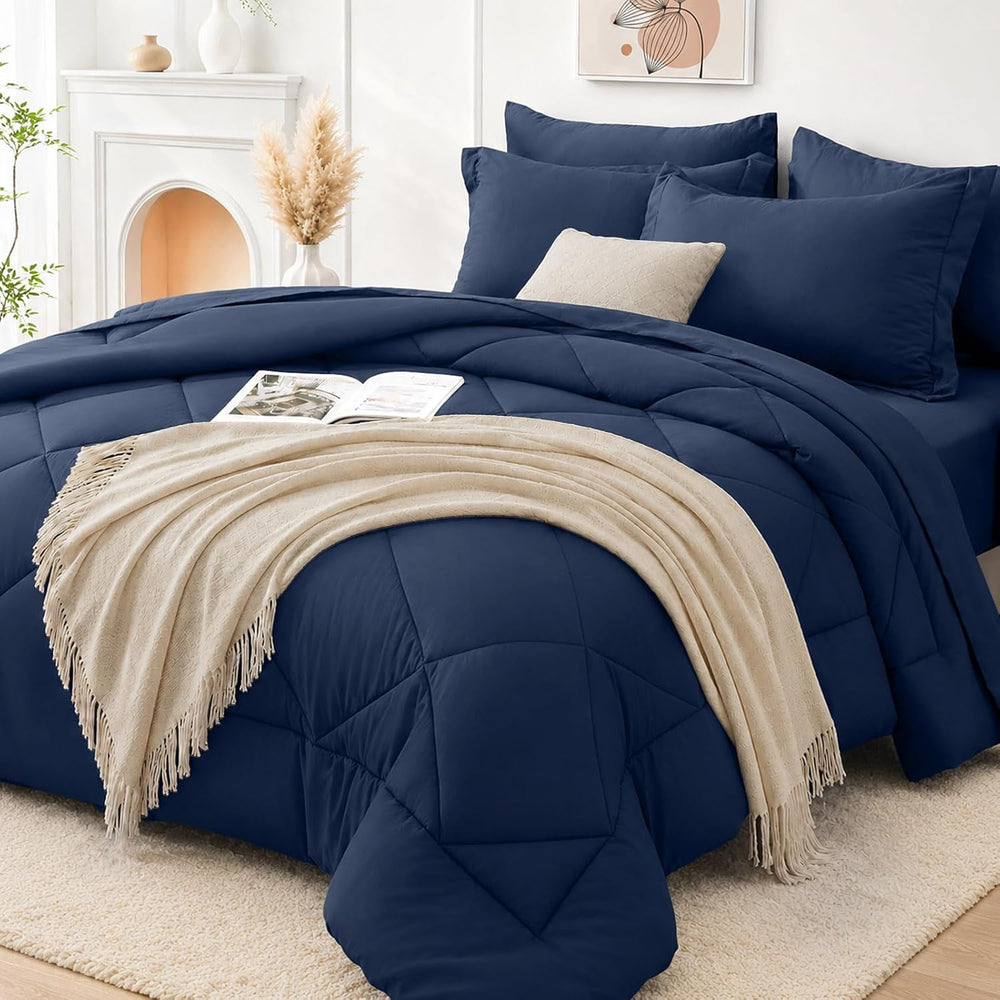 FUANNA King Size Comforter Set 7 PCS, Navy Blue Bed Set, Soft Bed in a Bag