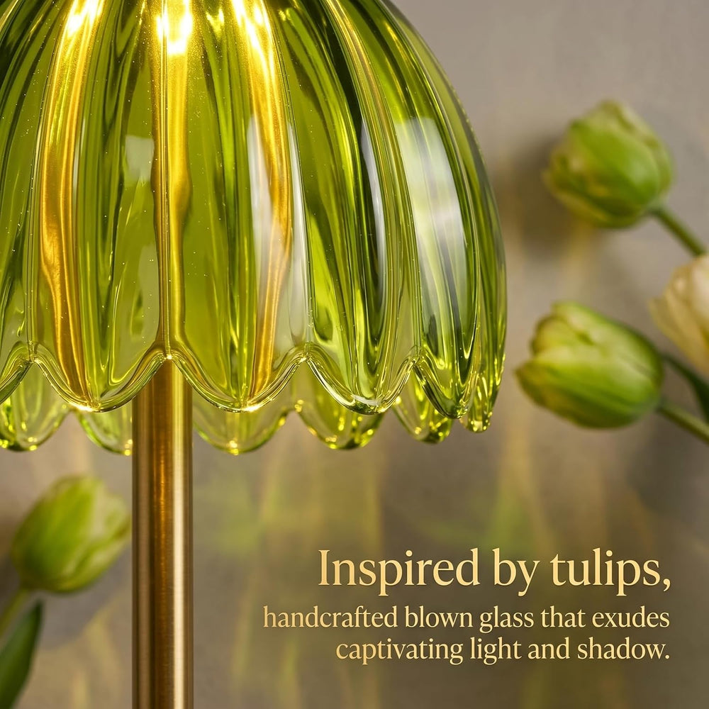 EJQ Glass Tulip Rechargeable Table Lamp, Cordless Flower Table Light -Green