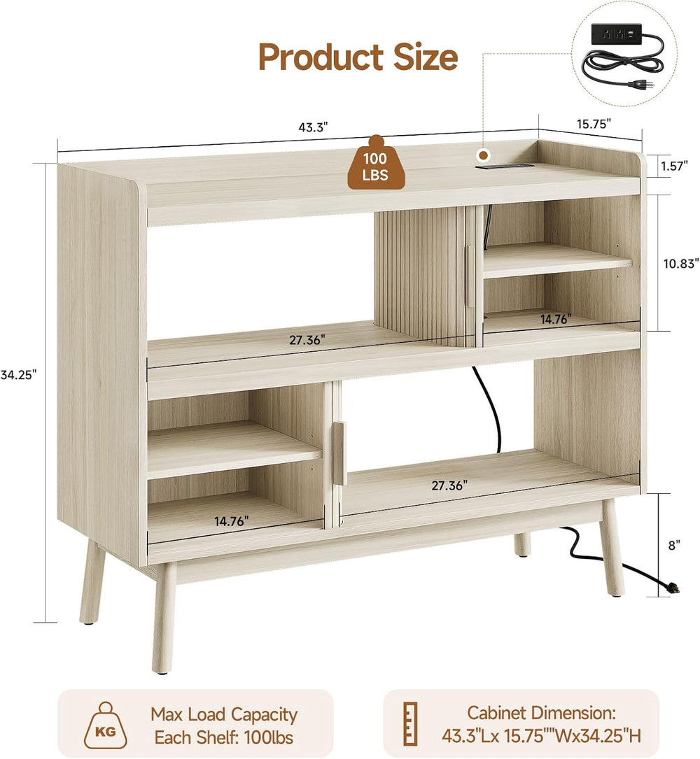 ONBRILL 44" Sideboard Buffet Cabinet with Outlet/Sliding Door Natural White