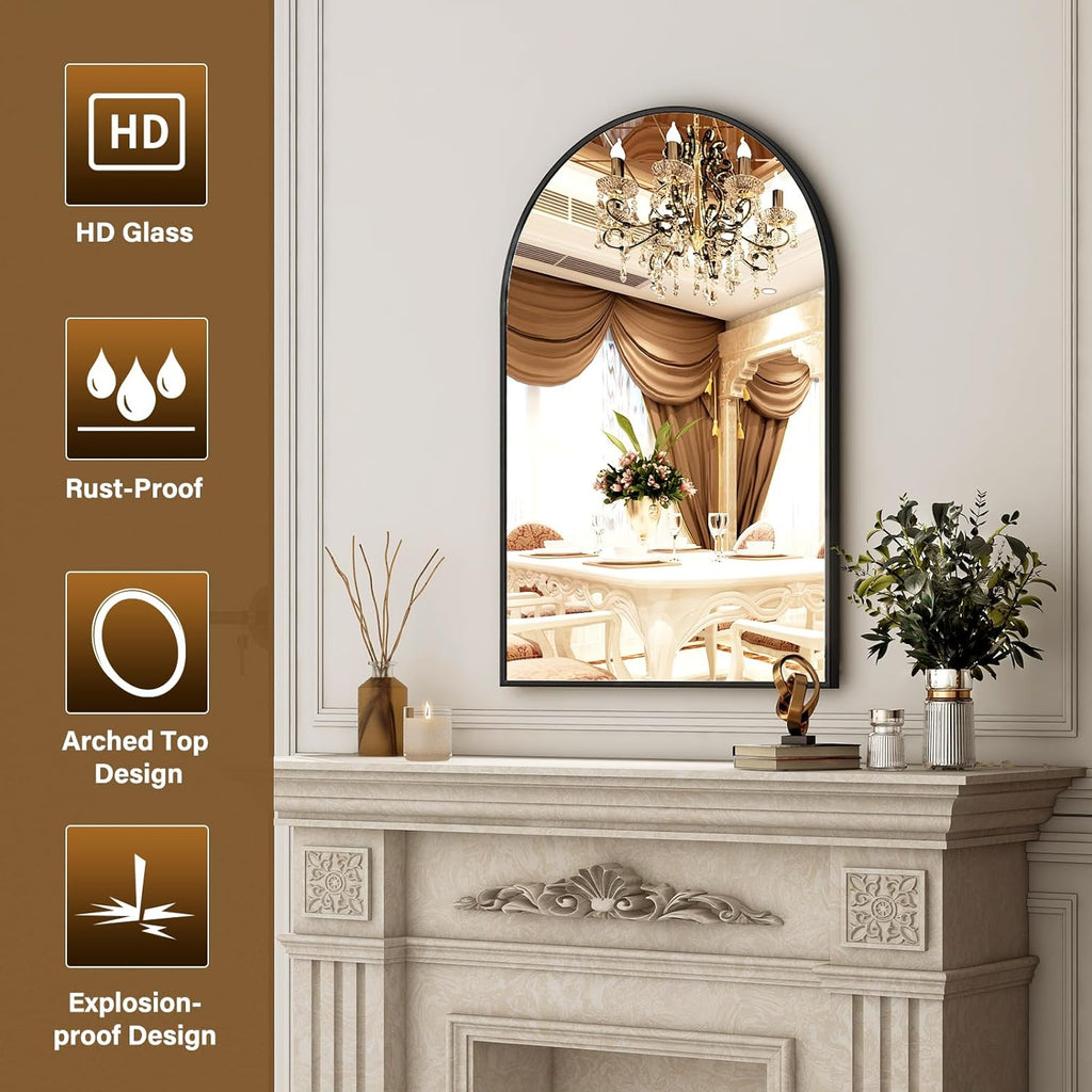 XRAMFY 24"x36" Black Arched Bathroom Mirror - Wall Mirror for Bedroom