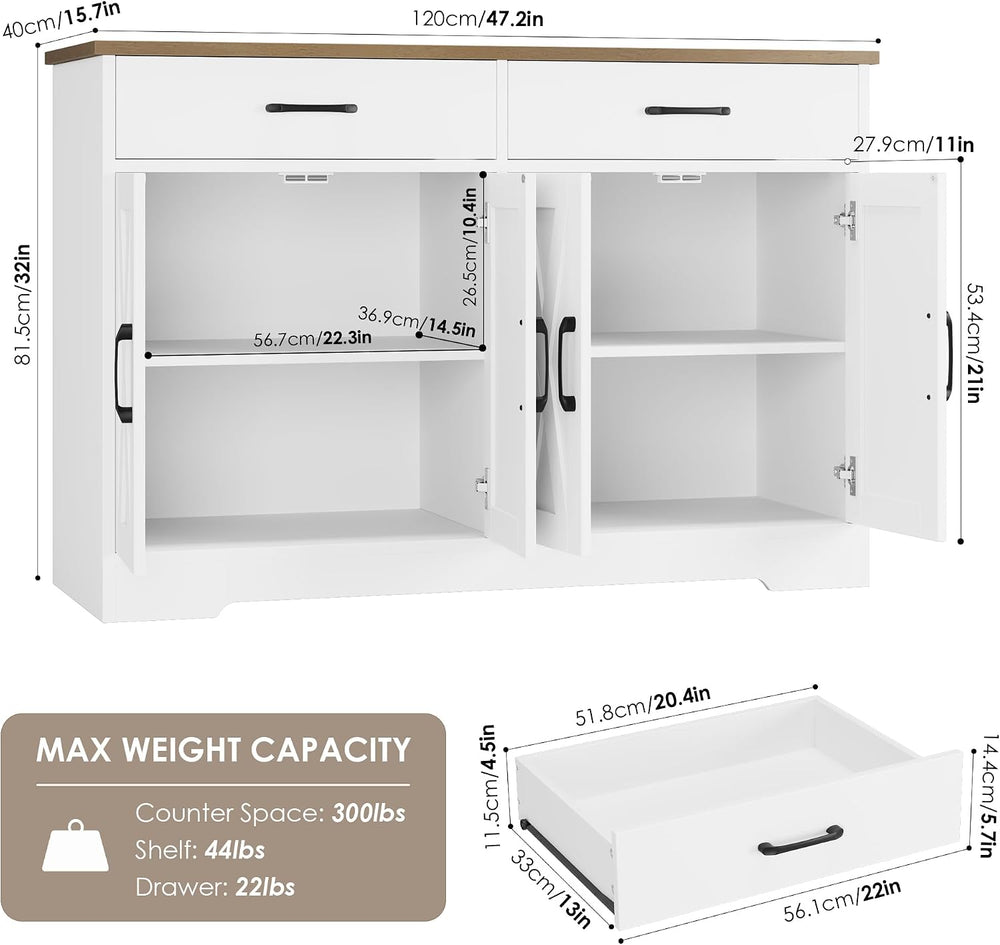 HOSTACK 47" W Kitchen Sideboard Buffet Cabinet with Storage Drawers, White