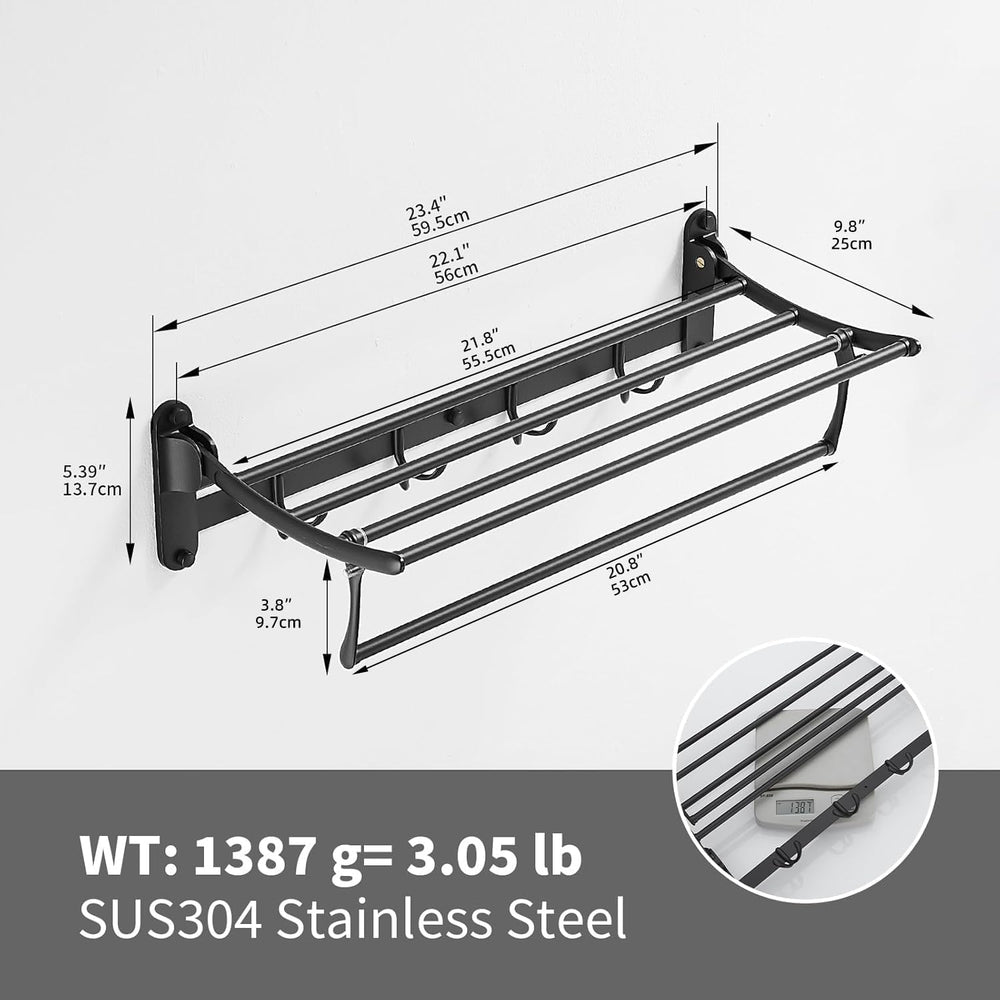 BESy Towel Racks with Foldable Towel Bar Hooks, Wall Mounted Matte Black