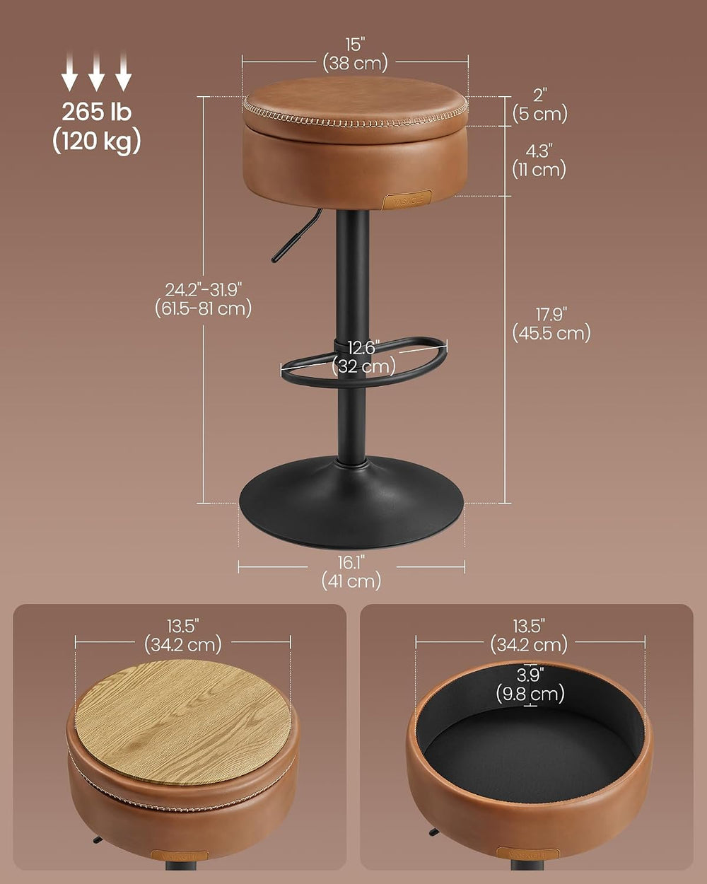 VASAGLE 360° Swivel Bar Stools Set of 3, Height Adjustable, with Storage