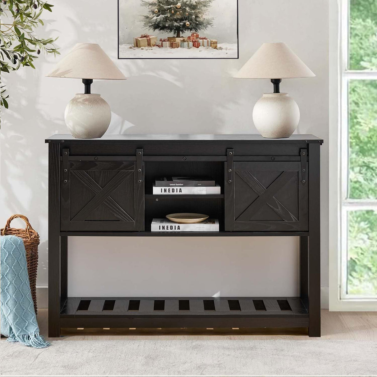 Black Farmhouse Entryway Table, Rustic Hallway Table with Storage Shelf, Sofa Table with Sliding Barn Doors for Hallway, Entryway, Living Room, Foyer