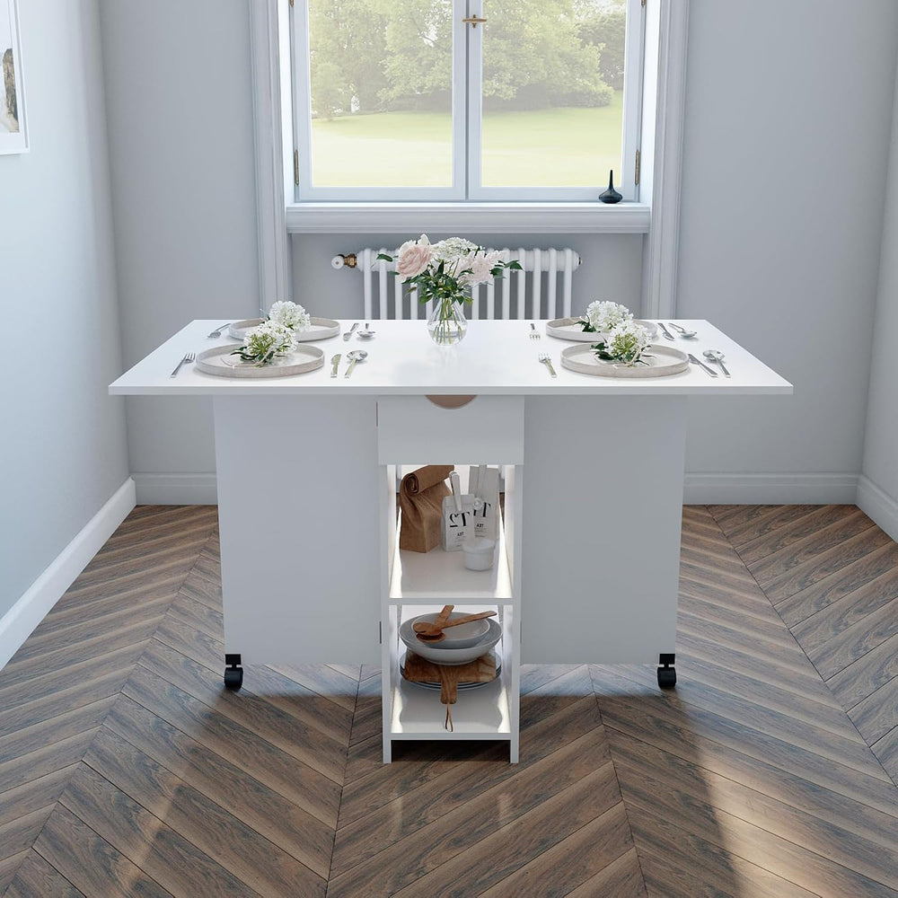 Mondeer Folding Dining Table with Drawer and Shelves, White