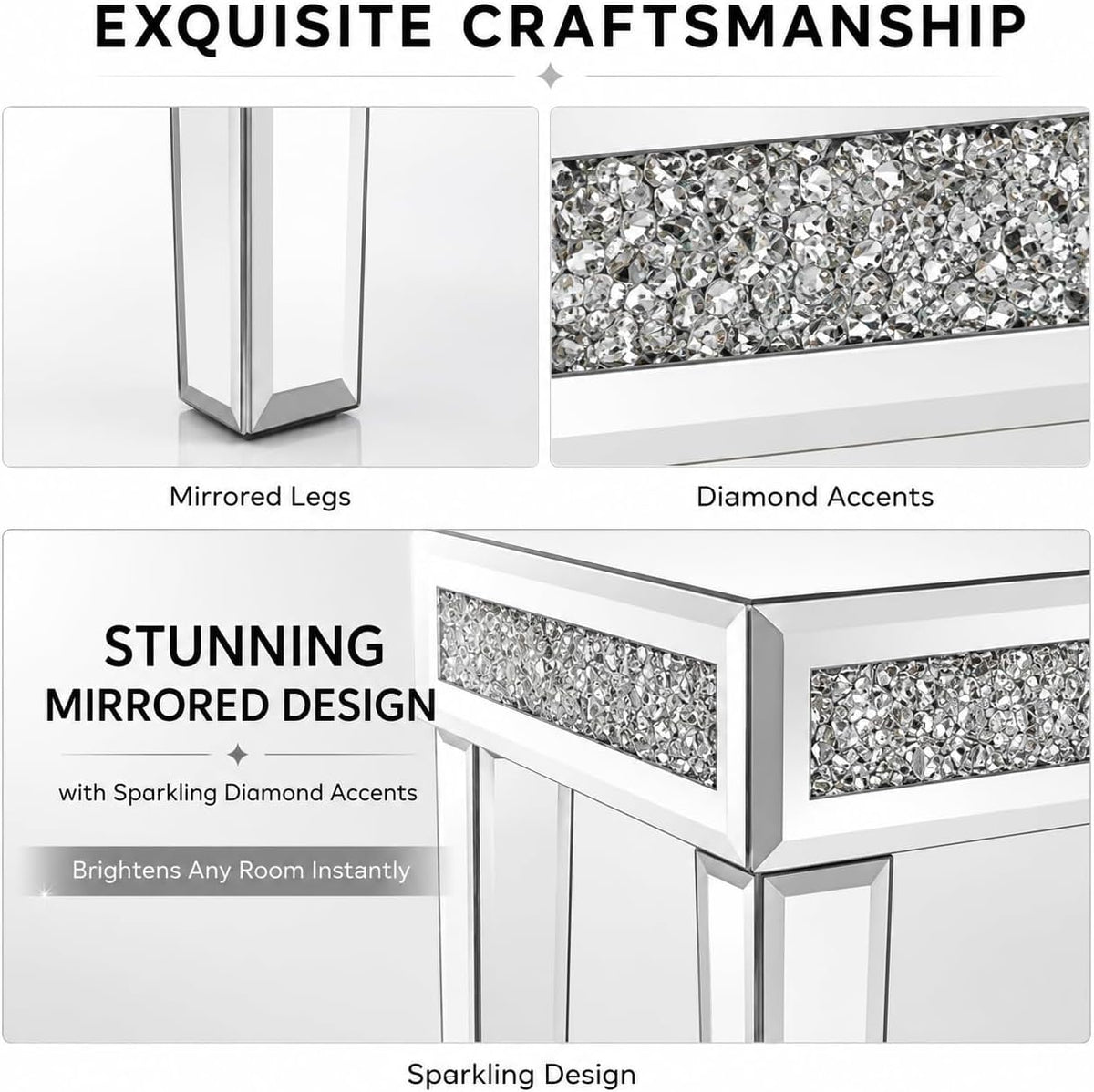 Vanity Stool with Storage – Mirrored Legs, Velvet Cushioned Ottoman, Hidden Compartment, Sparkling Diamond Trim, Glam Makeup Chair & Piano Bench - Silver & Pink
