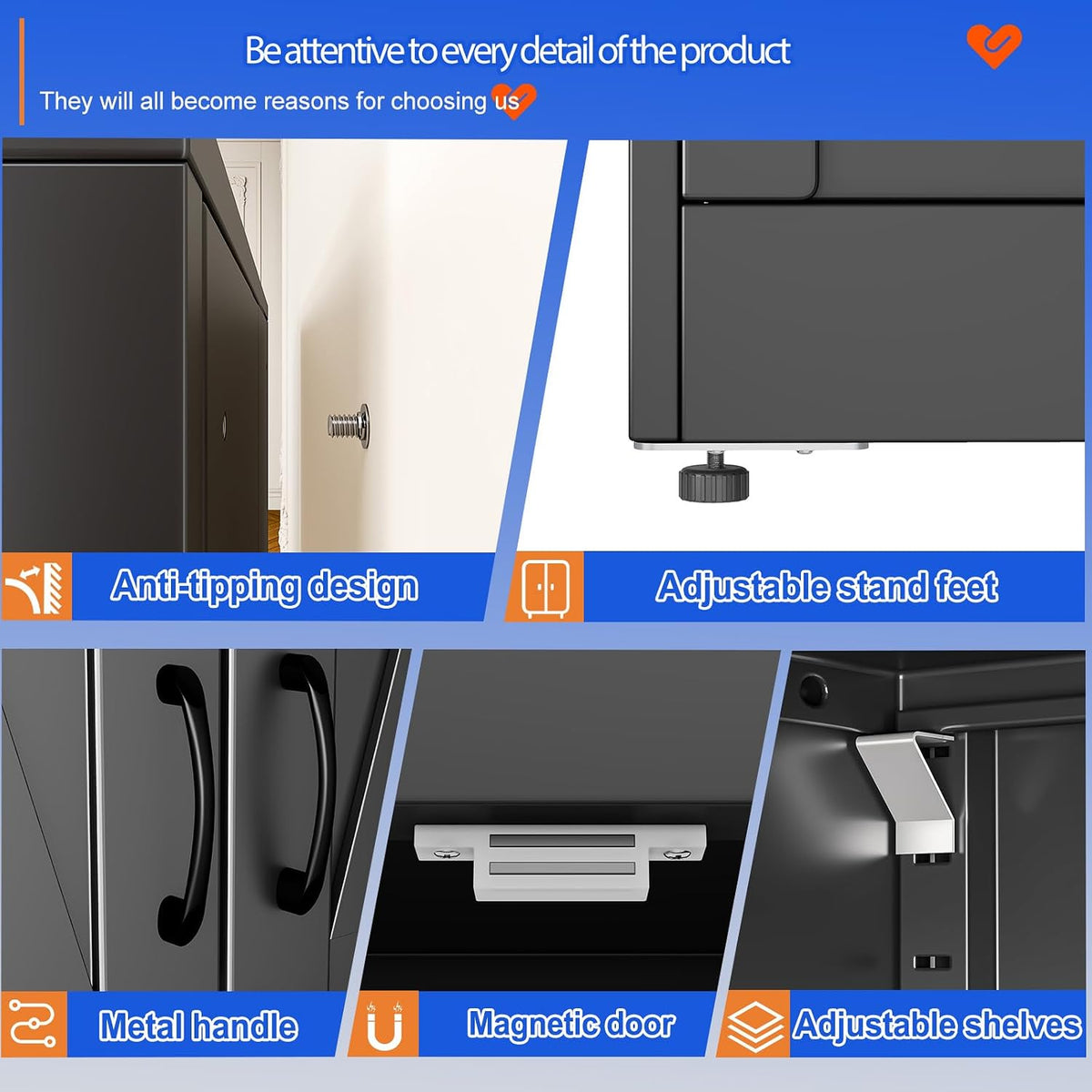 GAIOUS 43.3'' Tall Kitchen Pantry Cabinet, Black Metal Storage Cabinet