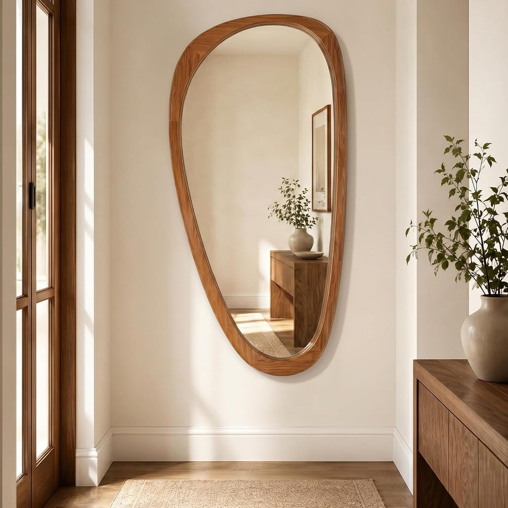Solid Wood 48"x24" Warm Walnut Large Organic Irregular Wall Mirror