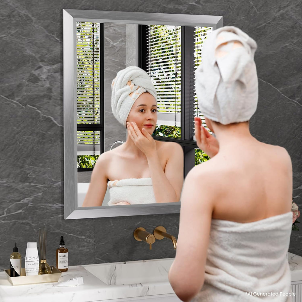 Amorho Bathroom Mirror for Wall 24x30 Inch, Brushed Silver Metal Framed