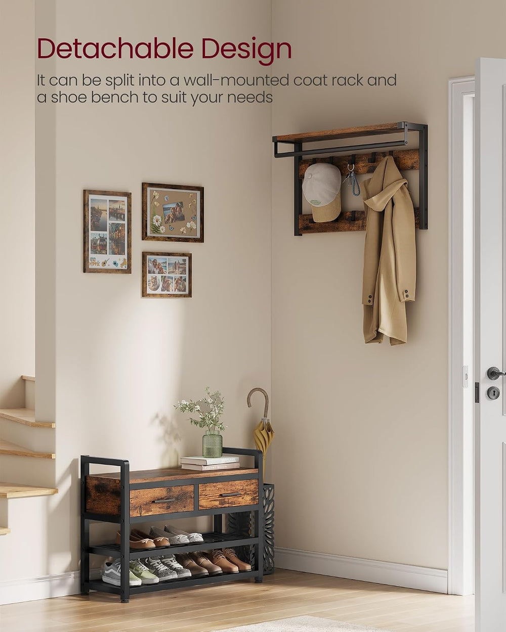 VASAGLE Hall Tree with Bench and Shoe Storage, 2 Fabric Drawers, 10 Hooks