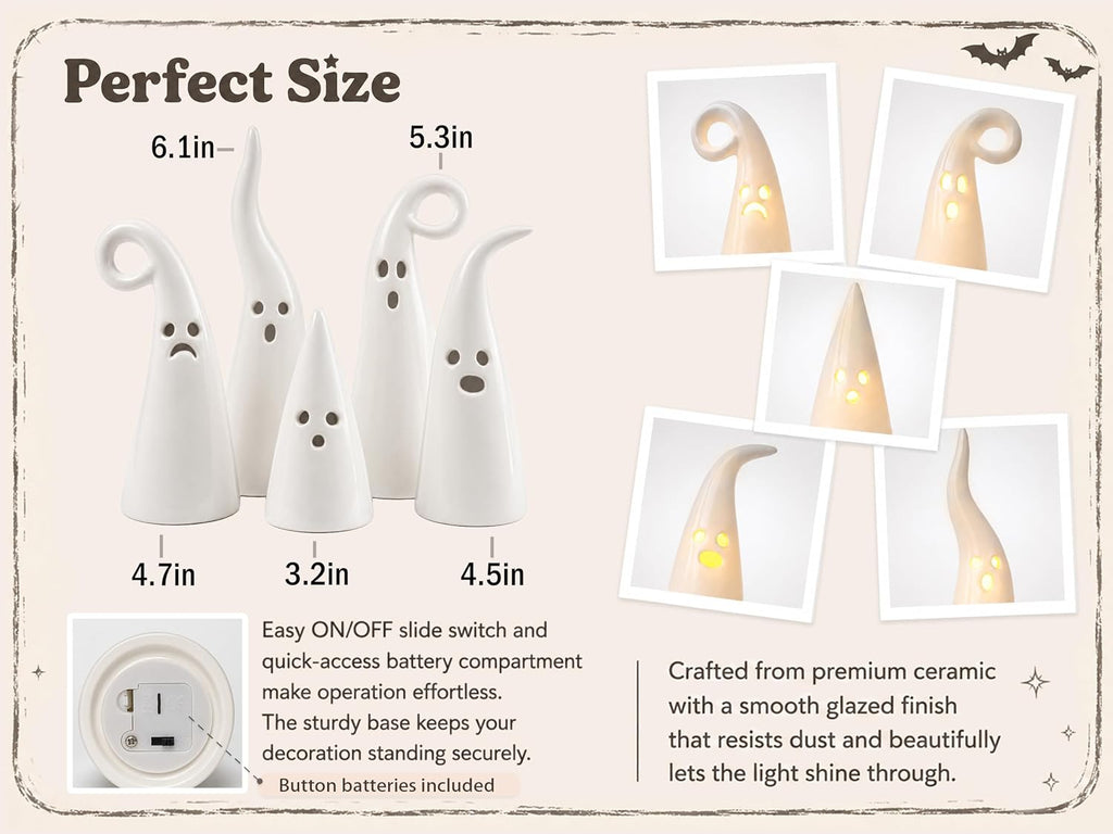 Parsin 5 PCS Ceramic Ghost Light Up Decor, Cute Halloween Decor