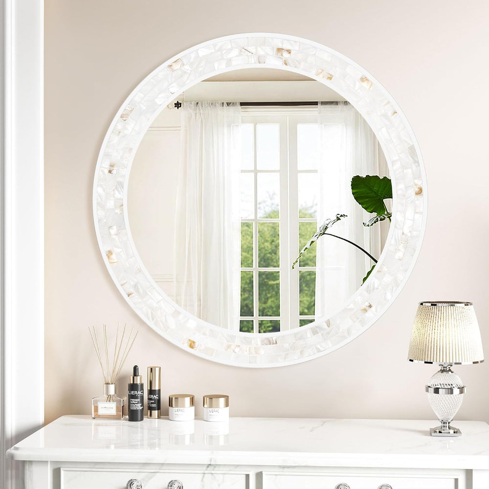 24 Inch Round Bathroom Mirror, Coastal Shell Framed Wall Decor