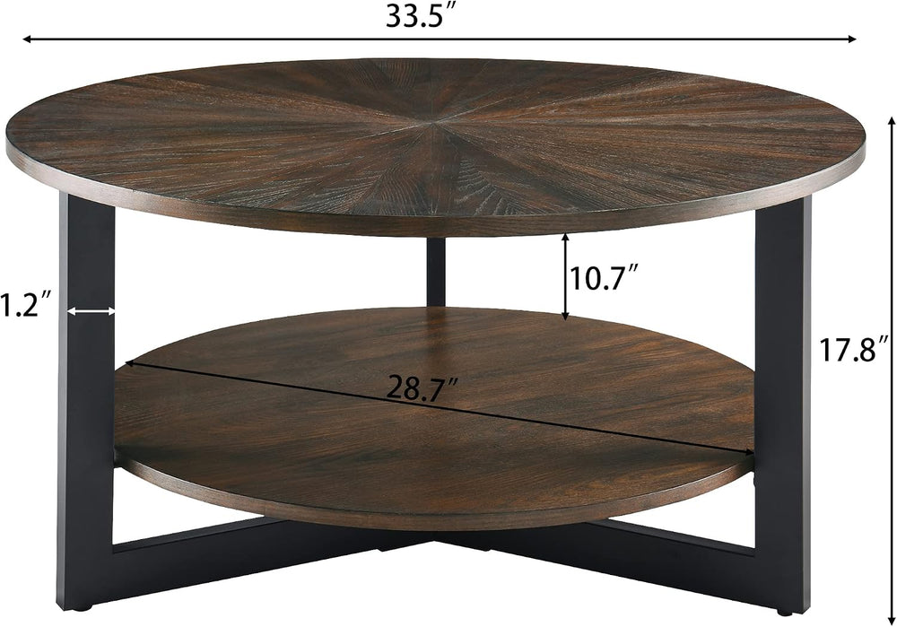 Round Coffee Table with Storage Shelf, Farmhouse Living Room Cocktail Black M...