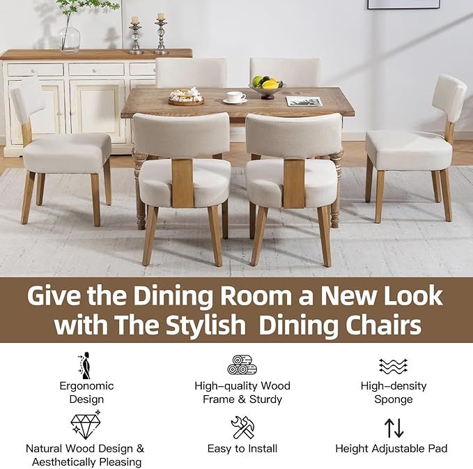 Dining Chairs, Fabric Upholstered Wood Kitchen Chairs Set of 2, Linen Curved Backrest Accent Chairs,Farmhouse Modern Dining Chairs with Foot Pad for Kitchen/Living Room/Restaurant/Cafe-Beige