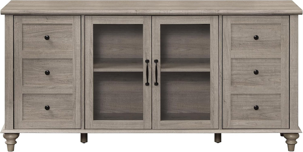 WAMPAT Farmhouse Sideboard Buffet Cabinet with Glass Door & Adjustable Sh...