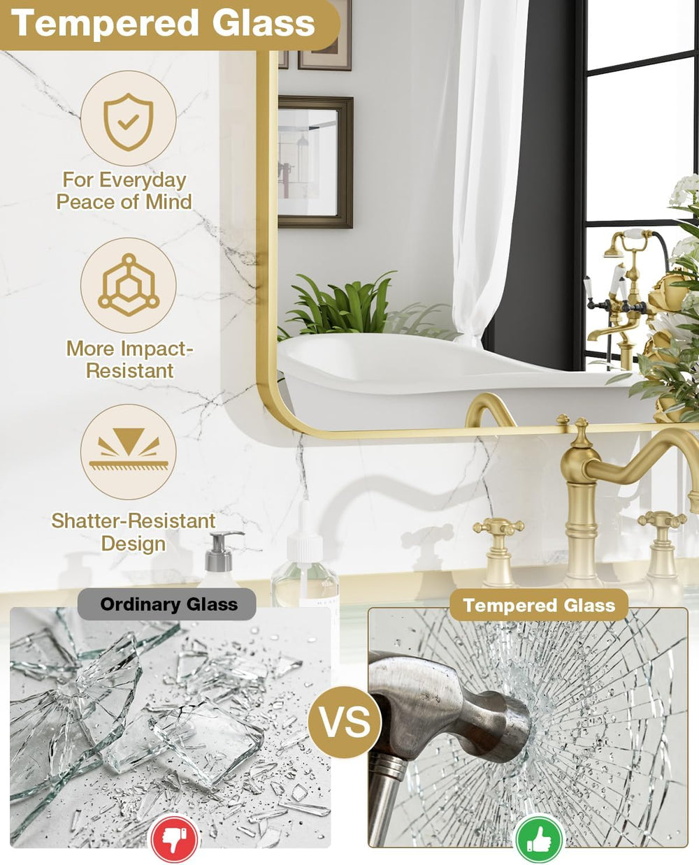 24"x36" Brushed Gold Bathroom Mirror, Rectangle Vanity Mirror for O...