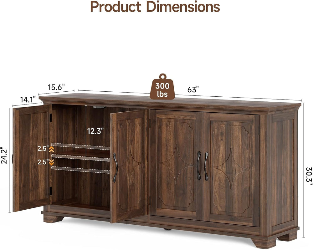 ONBRILL 63 Inch Buffet Cabinet with Storage, 4 Carved Doors, Brown