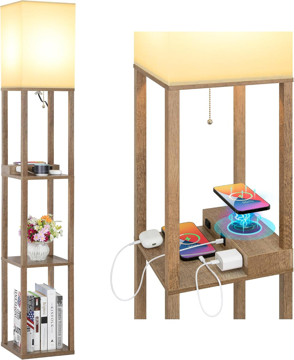 Mlambert Shelf Floor Lamp with Wireless Charger, USB, Type C, AC Port, Wood