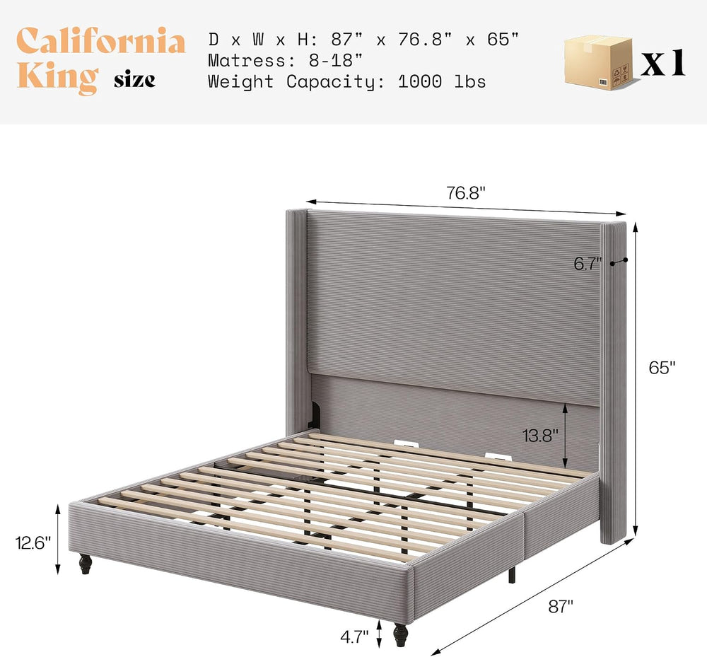 AMERLIFE California King Upholstered Bed Frame with Headboard, Light Grey