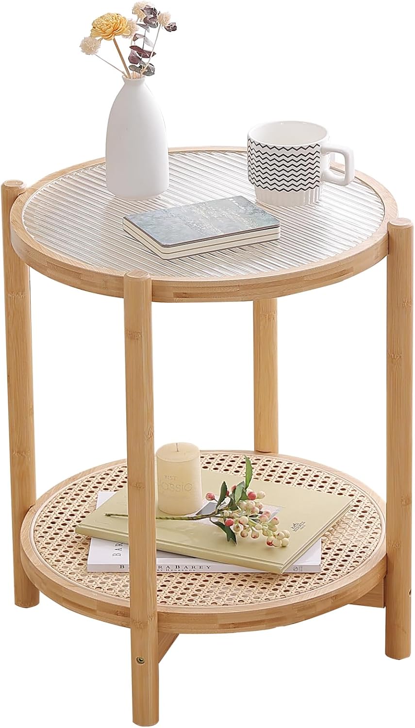 Tiita Natural Rattan End Table with Storage, Bamboo Glass Top Side Table