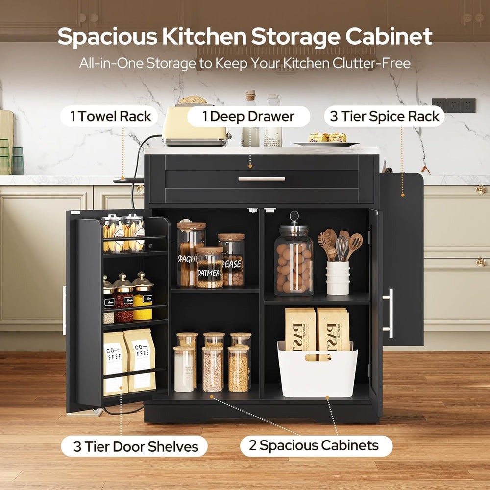 Concho 41" Kitchen Island with Stainless Steel Countertop and Seating Black