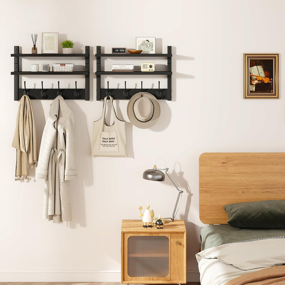YMYNY Double Shelf Coat Rack Wall Mount with 8 Hooks, Black HWS009B-2