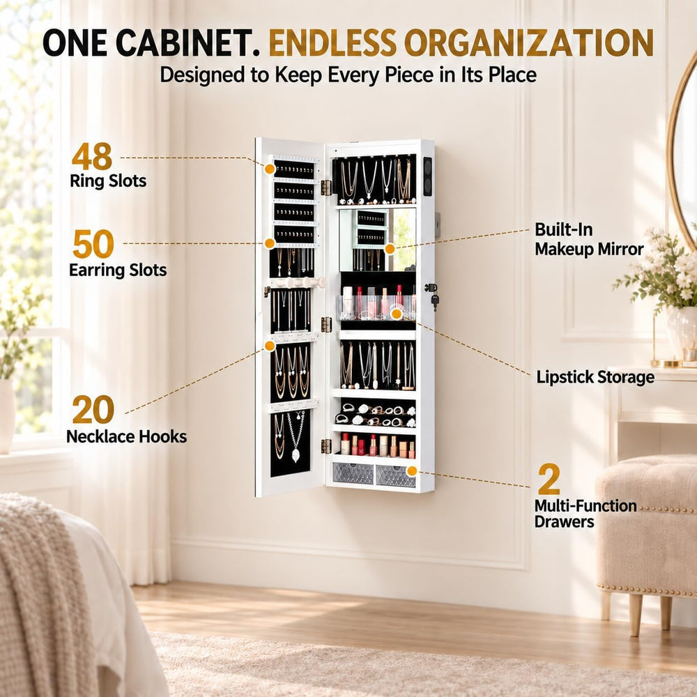 LED Mirror Jewelry Cabinet, Bluetooth Speaker, Full Length Mirror, White