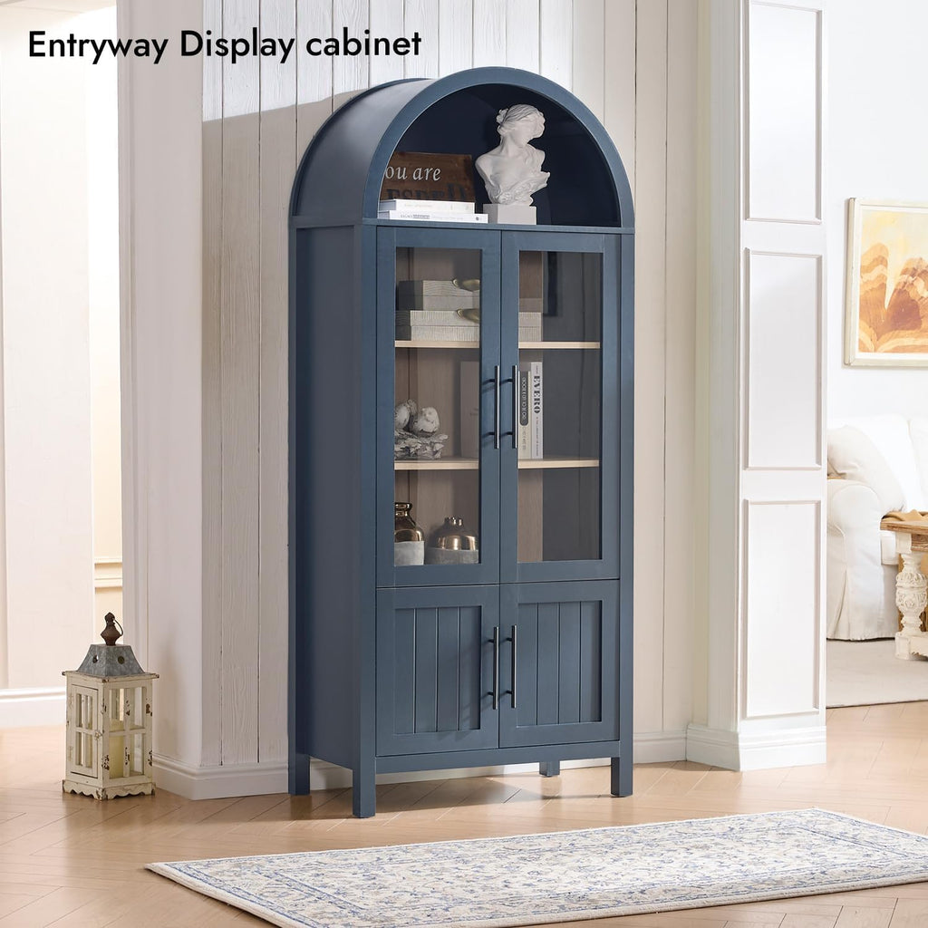 71" tall arched display cabinet with glass doors, side view