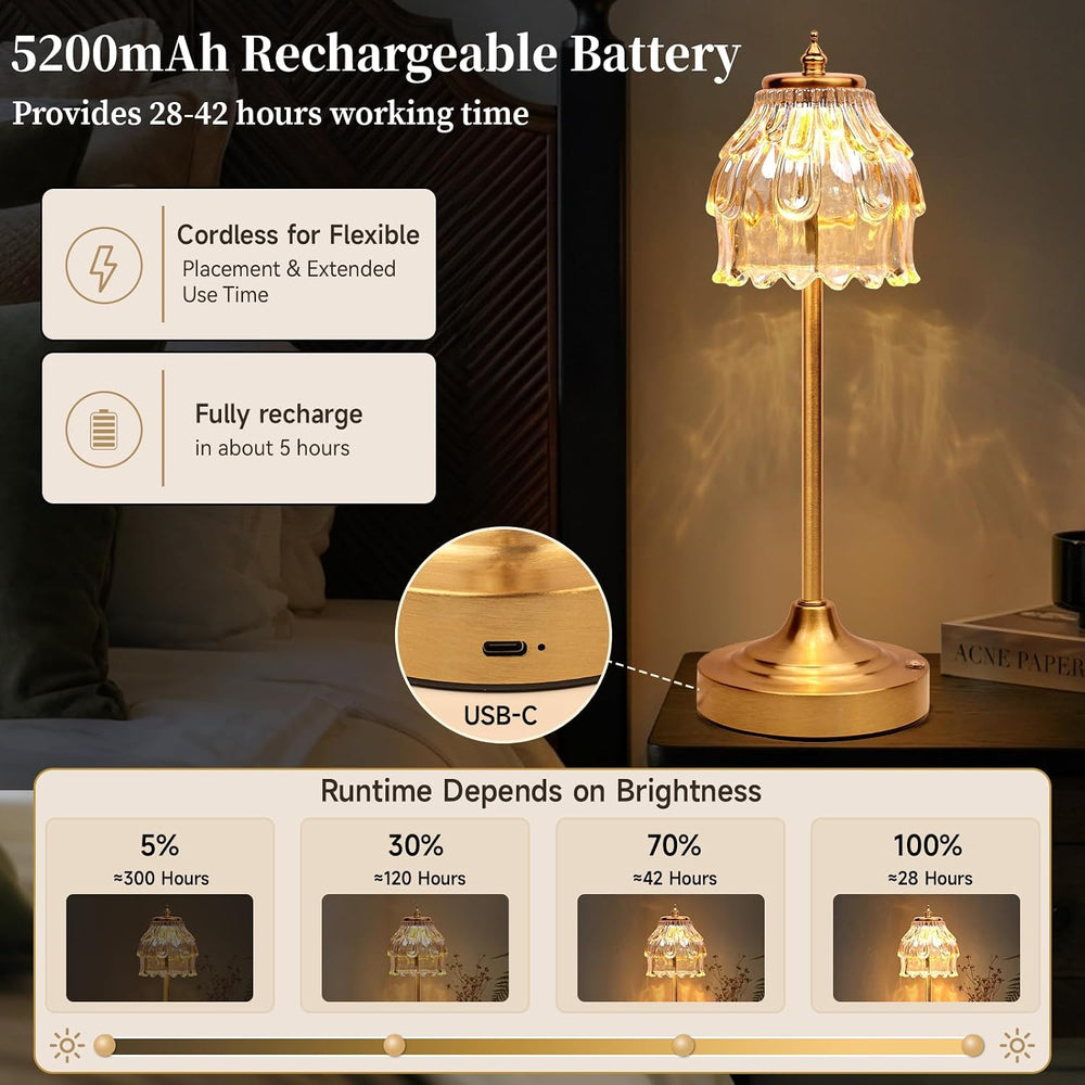 Rechargeable Cordless Table Lamp with Amber Glass, Gold Flower Table Lamp