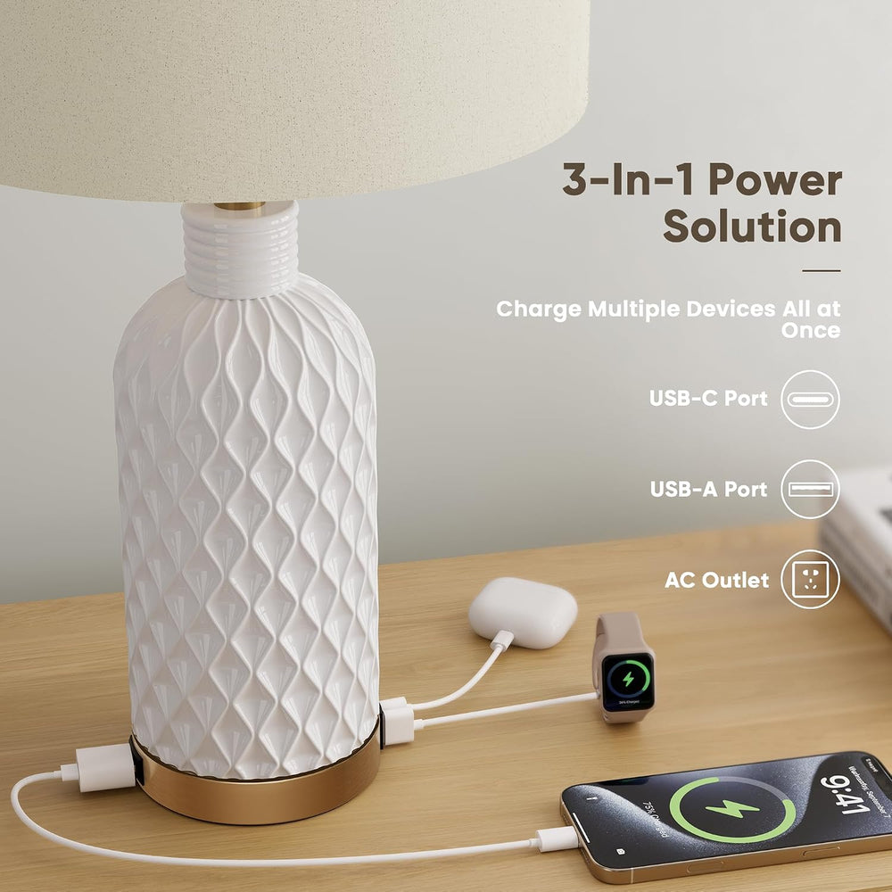 SIBRILLE 25" Ceramic Table Lamps Set of 2, White, USB-C/USB-A & AC O...