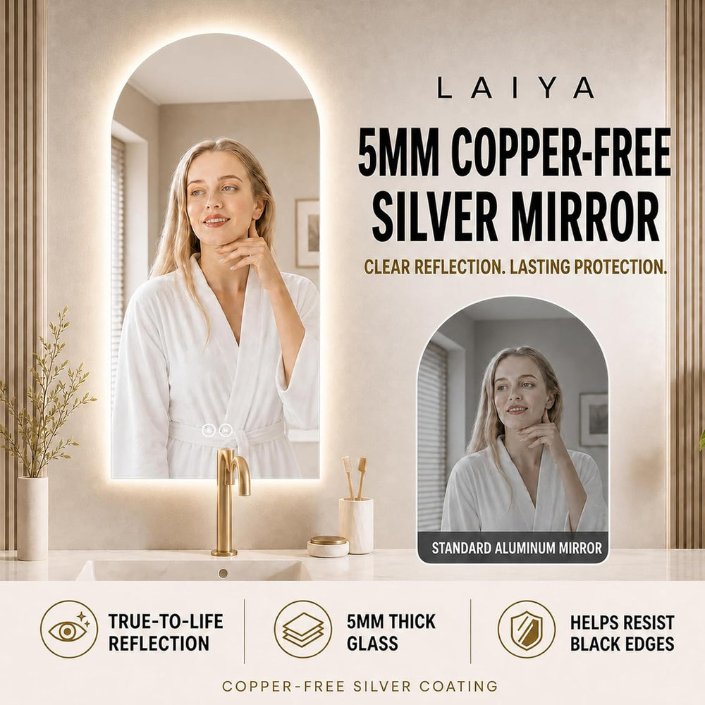 LAIYA 40 x 30 Inch Arched LED Bathroom Mirror, Frameless, Backlit, Anti-Fog