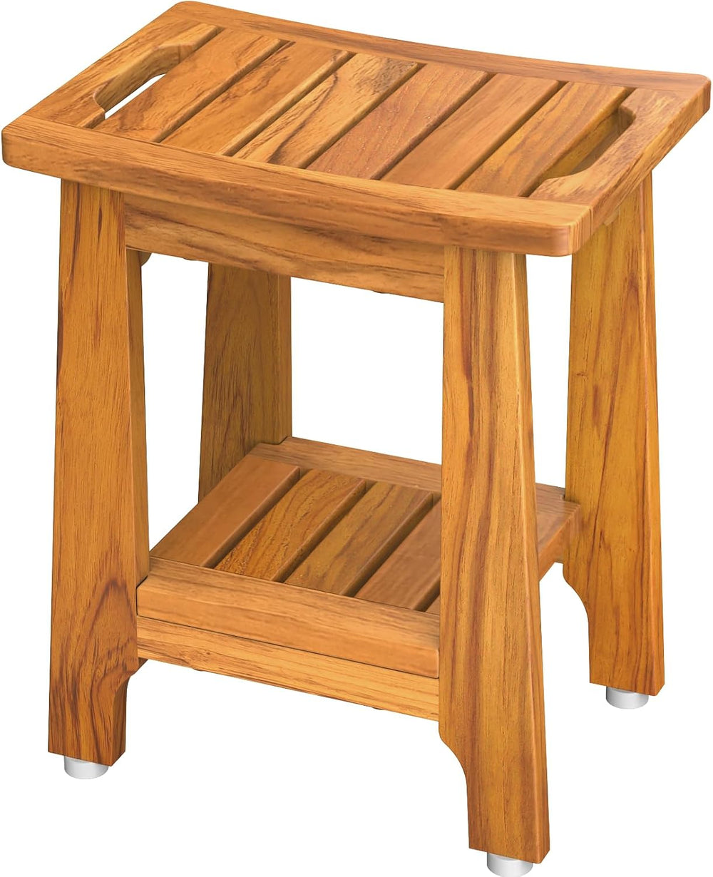 NNN 14" Compact Teak Shower Stool with Japan-Made Non-Slip Leveling Feet