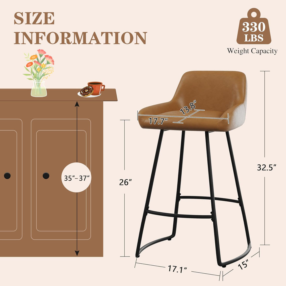Alunaune 26inch Barstools Set of 2, Mid Century Faux Leather Counter Height B...