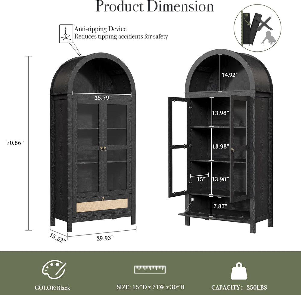 71” Tall Arched Kitchen Pantry Cabinet, Hutch Storage, Black