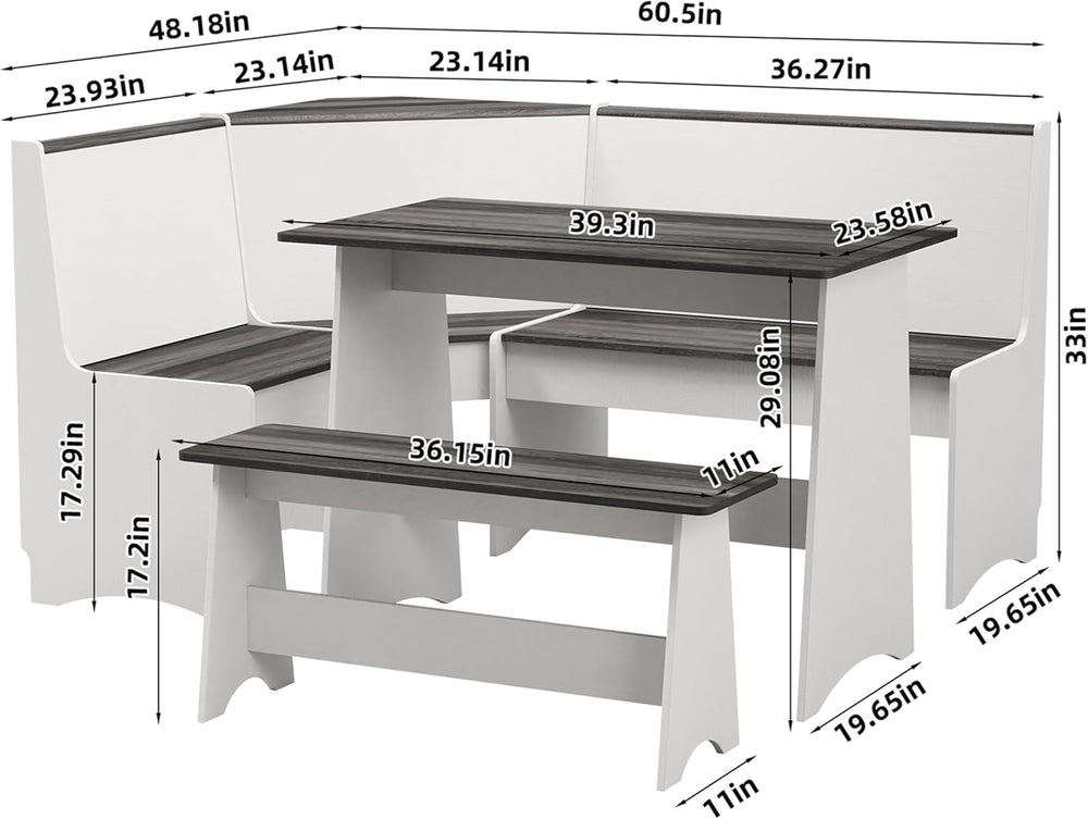 Farmhouse Breakfast Nook Table Set with Corner Bench (White + Gray)
