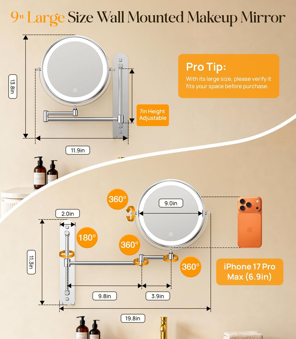 Gospire 9” Wall Mounted Makeup Mirror with Magnification 10X - Chrome