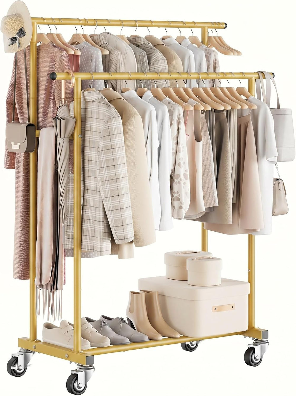 Calmootey Rolling Garment Rack, Sturdy Clothes Organizer for Bedroom