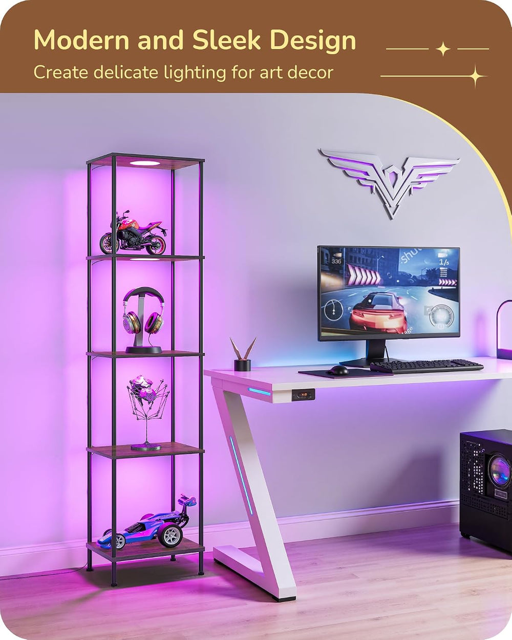 EDISHINE RGBW Floor Lamp with 5-Tier Display Shelves, Remote Control