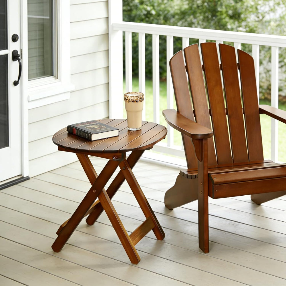 Outdoor Small Table, Round Folding Wooden Patio Side Table Furniture End Tabl...