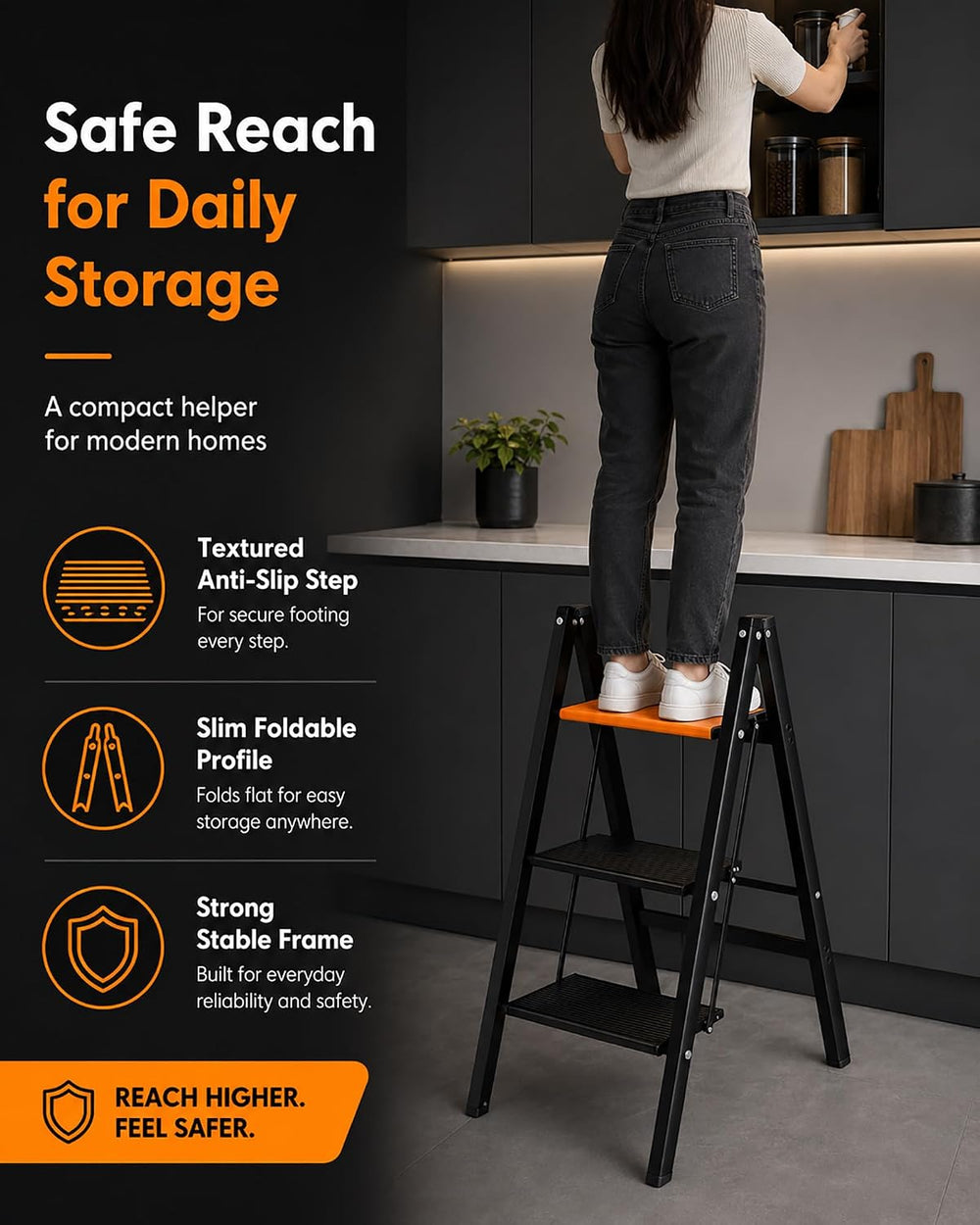 3 Step Ladder Lightweight Aluminum Folding Step Stool OrangeBlack
