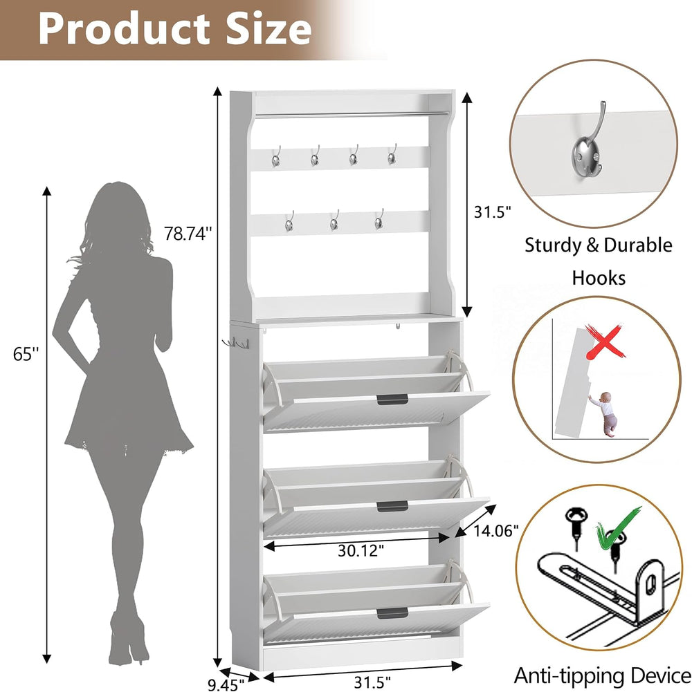 BORNOON Shoe Cabinet for Entryway with Coat Rack, Slim Fluted Design