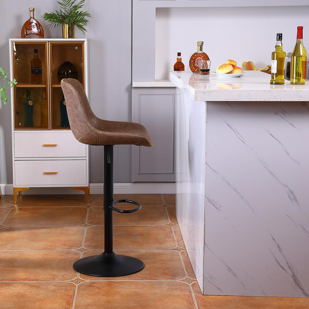 Swivel Bar Stools Set 3, Adjustable Height Suede-Like Leather Brown