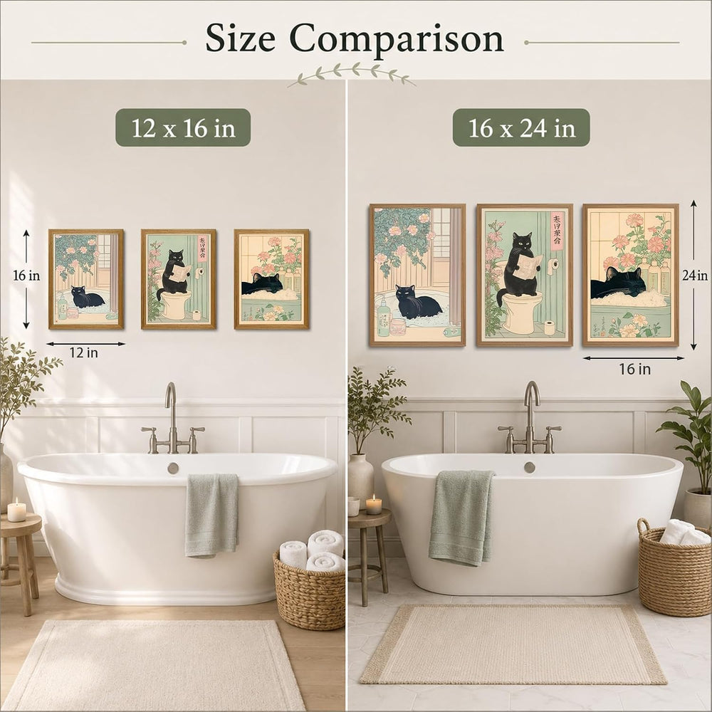 KISSFOX Framed Japanese Bathroom Wall Art Funny Cat Spa Pictures Wall Decor