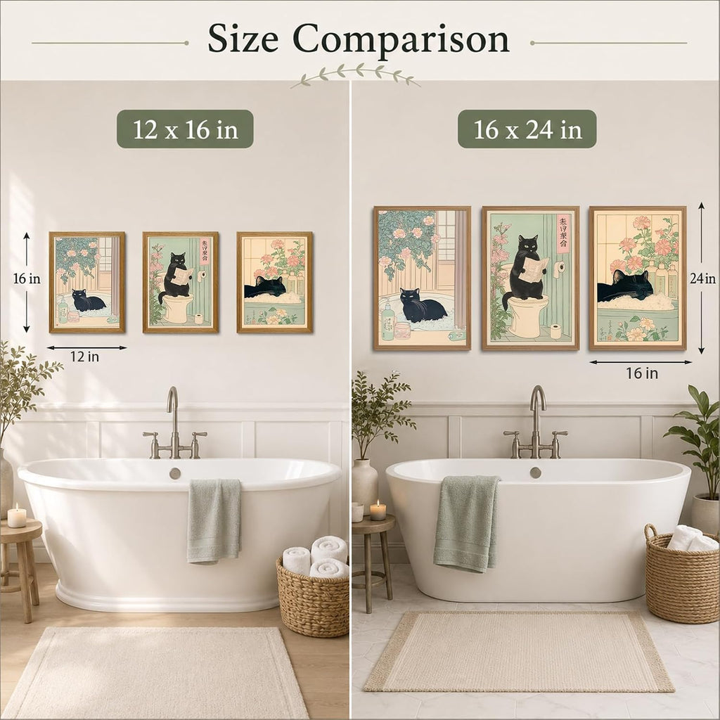KISSFOX Framed Japanese Bathroom Wall Art Funny Cat Spa Pictures Wall Decor