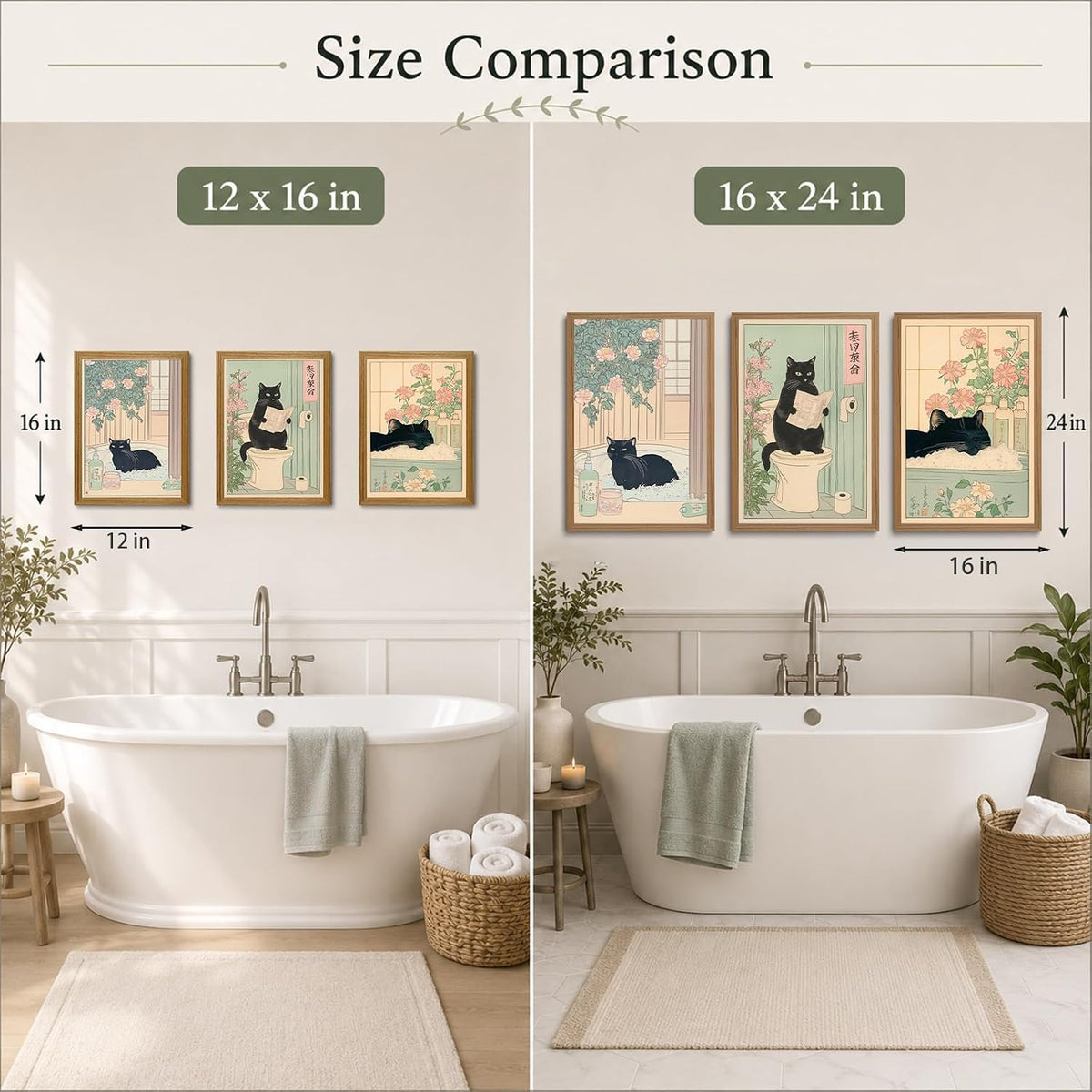 KISSFOX Framed Japanese Bathroom Wall Art Funny Cat Spa Pictures Wall Decor