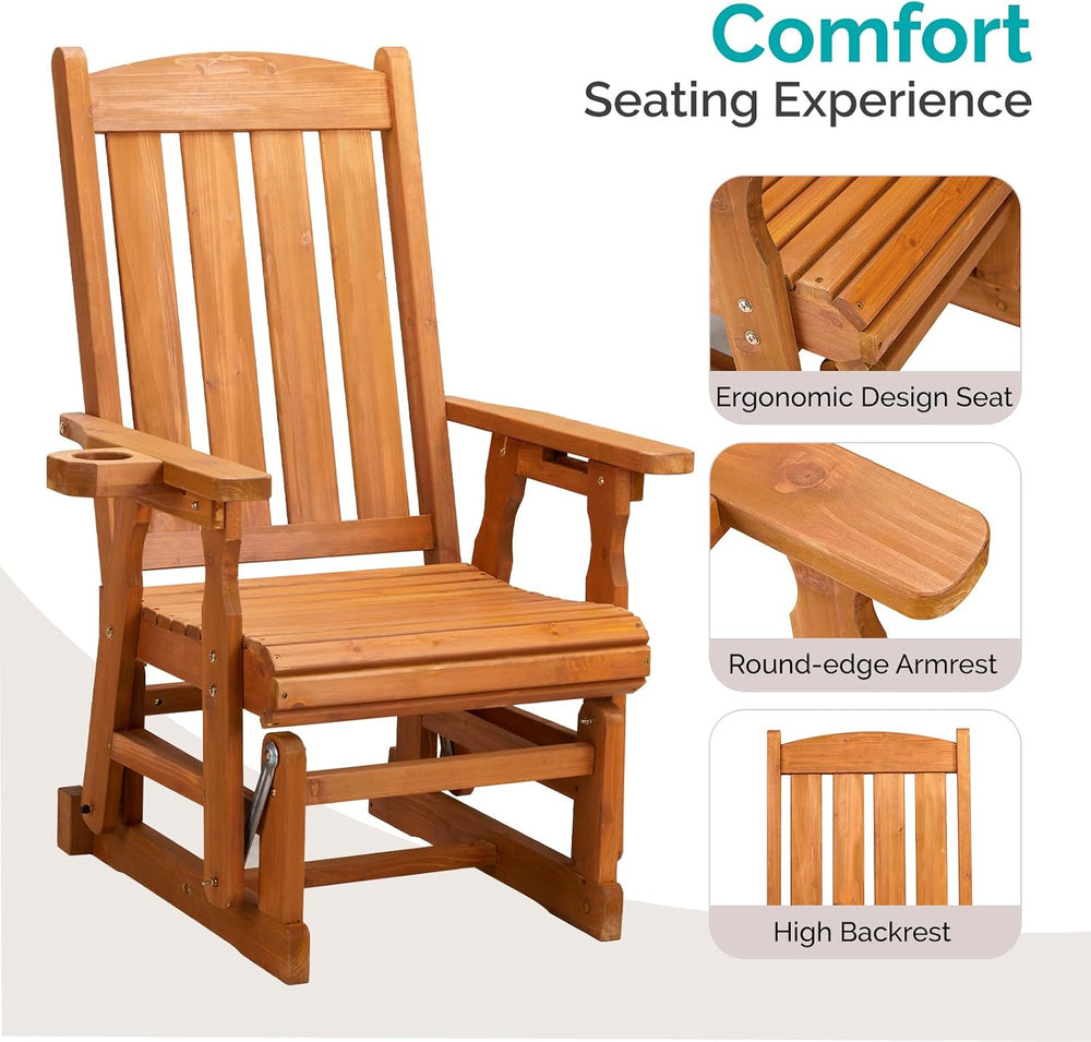 VINGLI Wooden Patio Glider, Heavy Duty 600 LBS Outdoor Glider with Cup Holder...