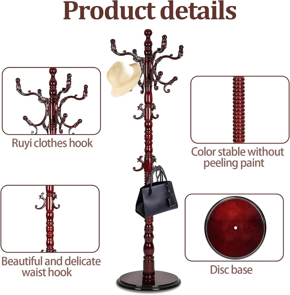 Coat Racks Wooden Freestanding Mahogany Tree Rack, Black Red
