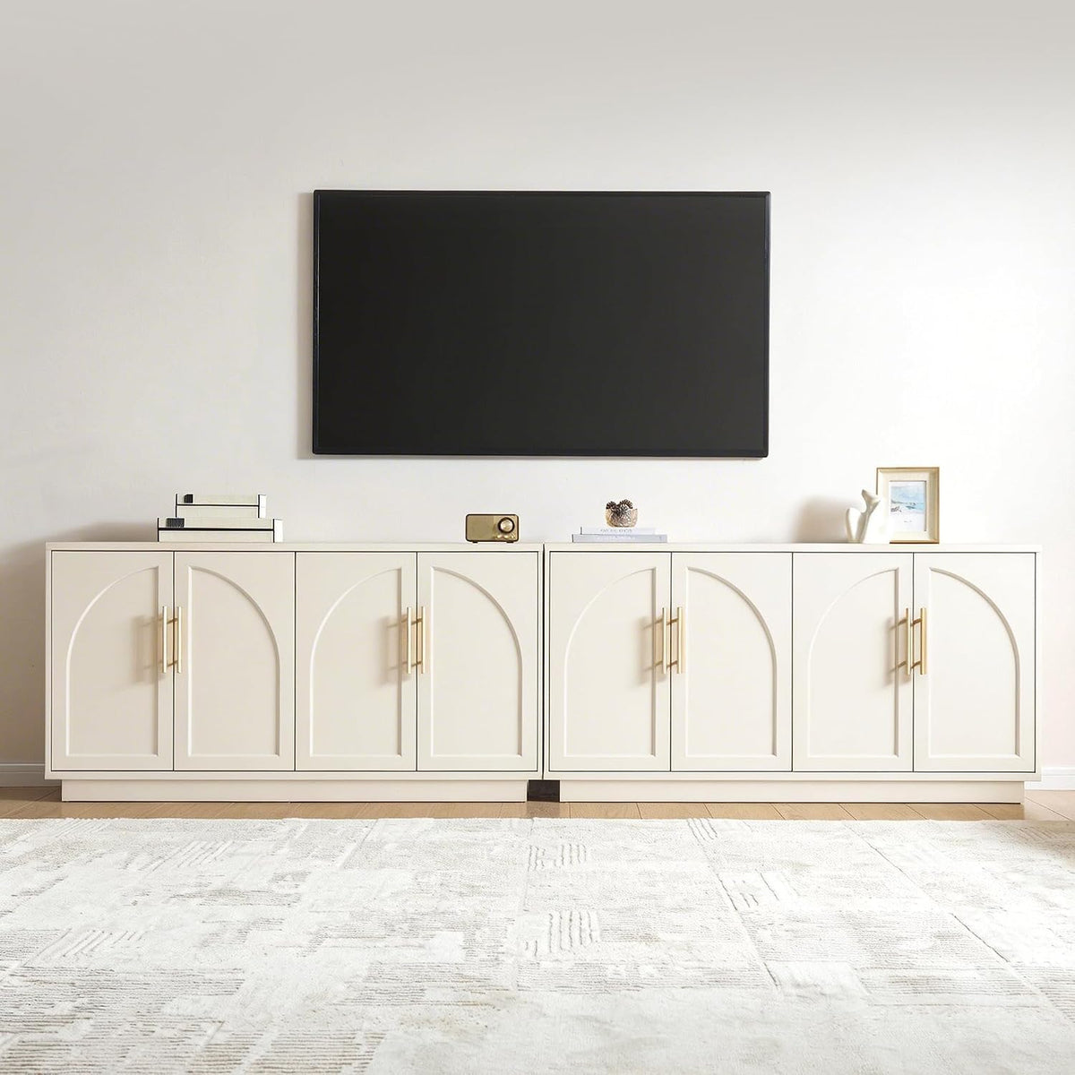 Fatmok Buffet Cabinet with Storage, 59'' Modern Arched Sideboard Cabinet w/Adjustable Shelves, Wood Media TV Console Table Credenza for Living Room Hallway Entryway, Beige(Not White)