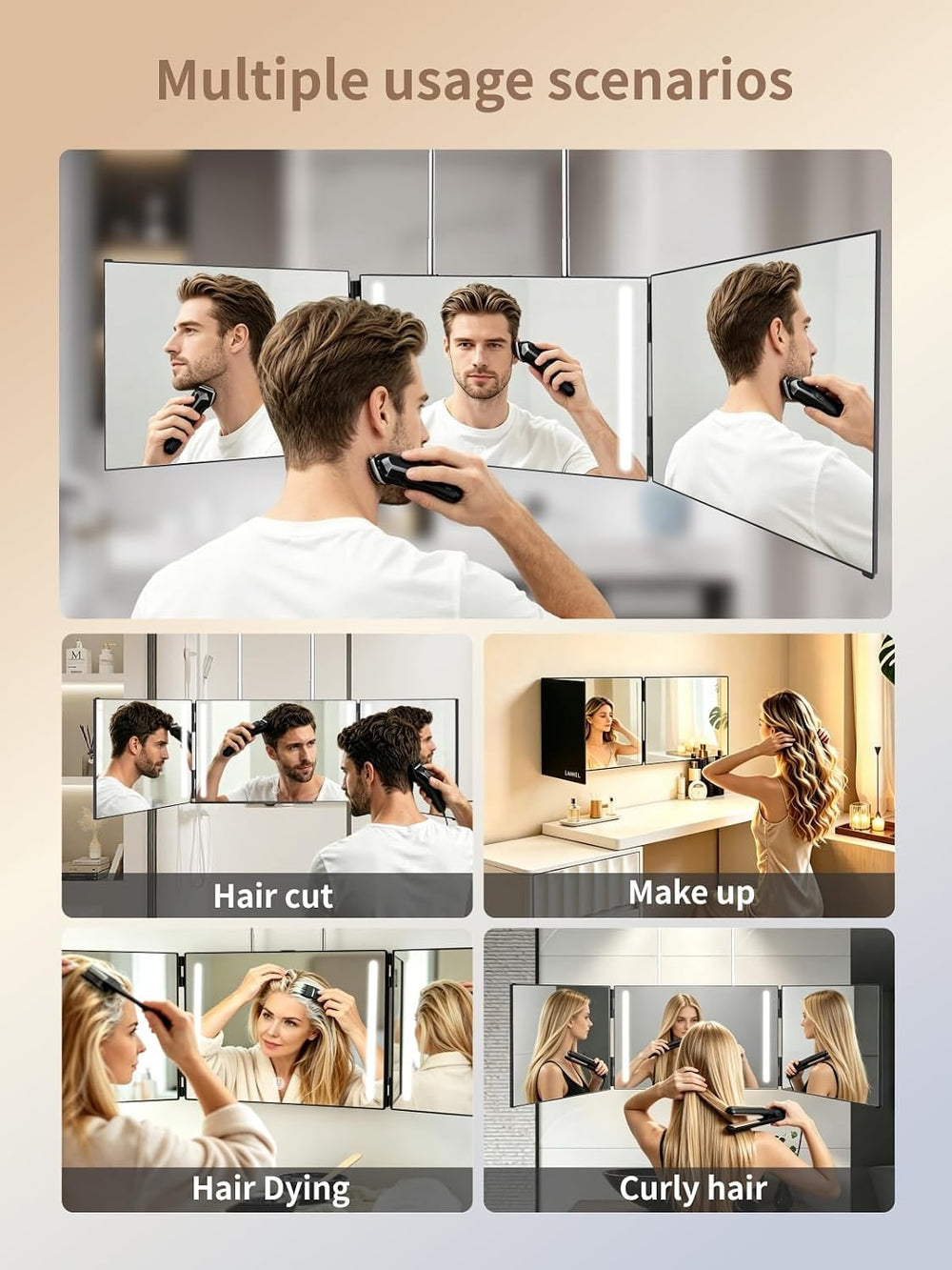 LANMEL 3 Way Mirror with Lights,360 Mirror for Haircuts for Men